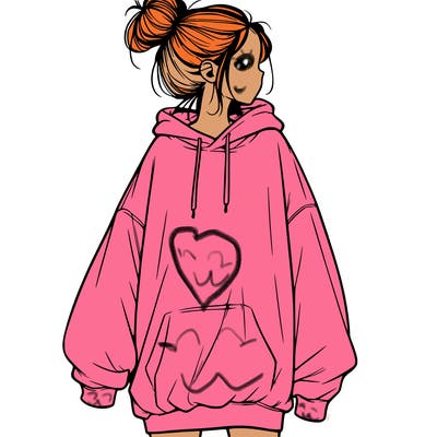 realistic girl with a oversized sweatshirt on and a bun