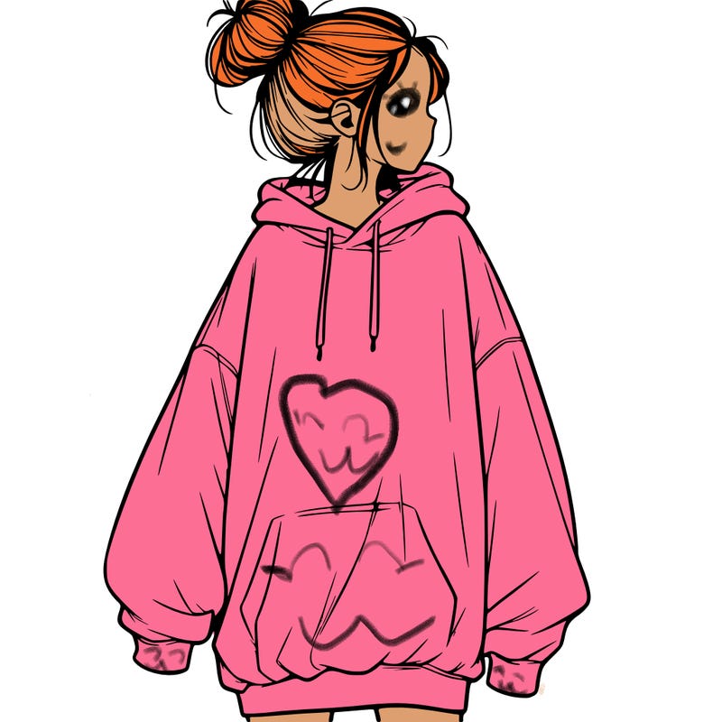 realistic girl with a oversized sweatshirt on and a bun