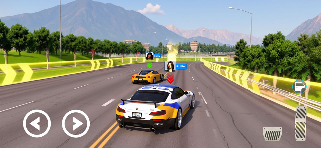 Gangster City Crime Mafia Game - In-game screenshot of a sports car driving on an urban highway with mountain scenery and touch controls in Gangster City Crime Mafia Game.