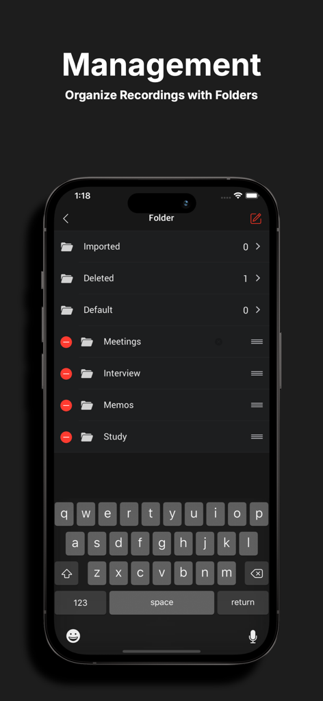 SoriNote PRO: Voice Recorder - SoriNote PRO folder management screen for organizing voice recordings into categories like meetings and interviews.