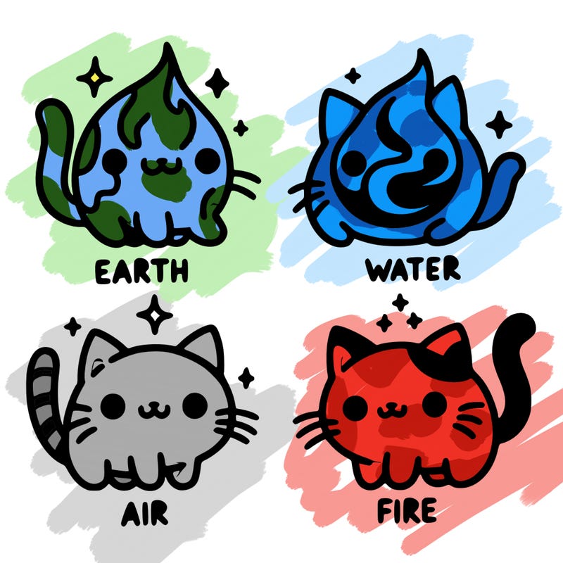 4 cats that represent the different elements, earth, water, air, and fire