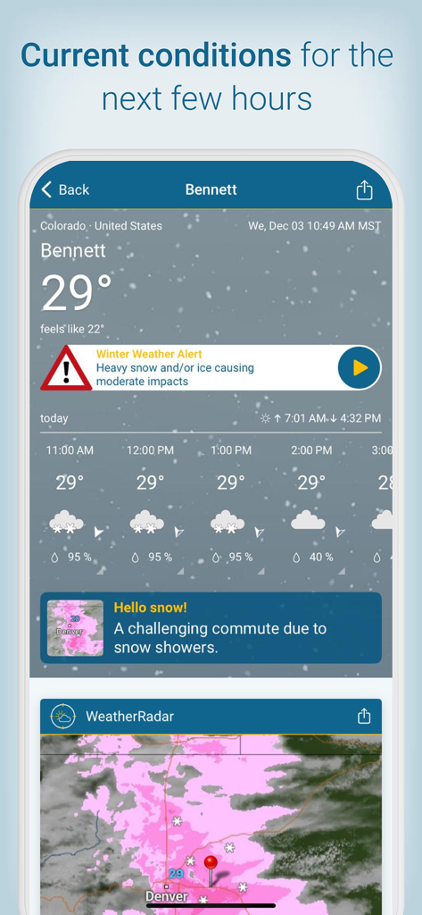 Weather and Radar app displaying a winter weather alert and snow radar for Bennett Colorado