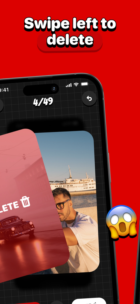 CleanCam - Photo Cleaner App - CleanCam app interface showing a swipe left gesture on a photo to delete it from the camera roll