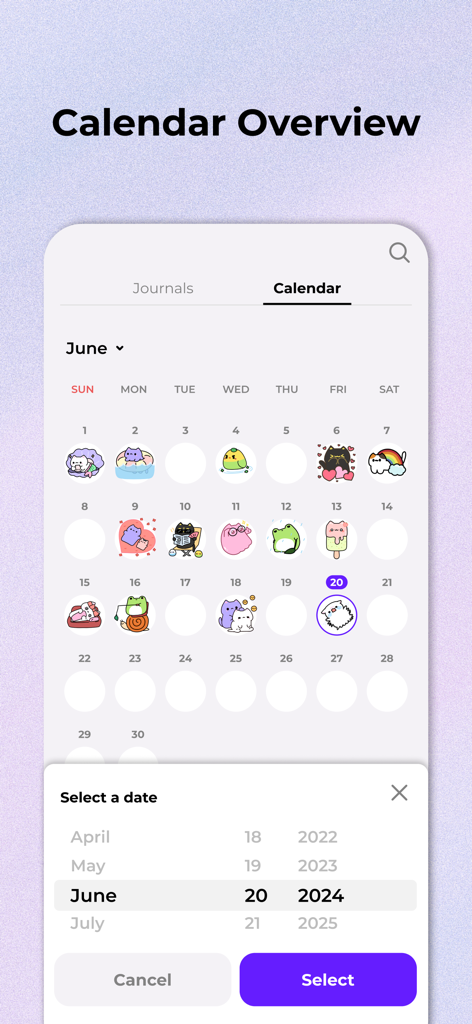 A calendar overview showing daily mood logs with cute character stickers in a journaling app