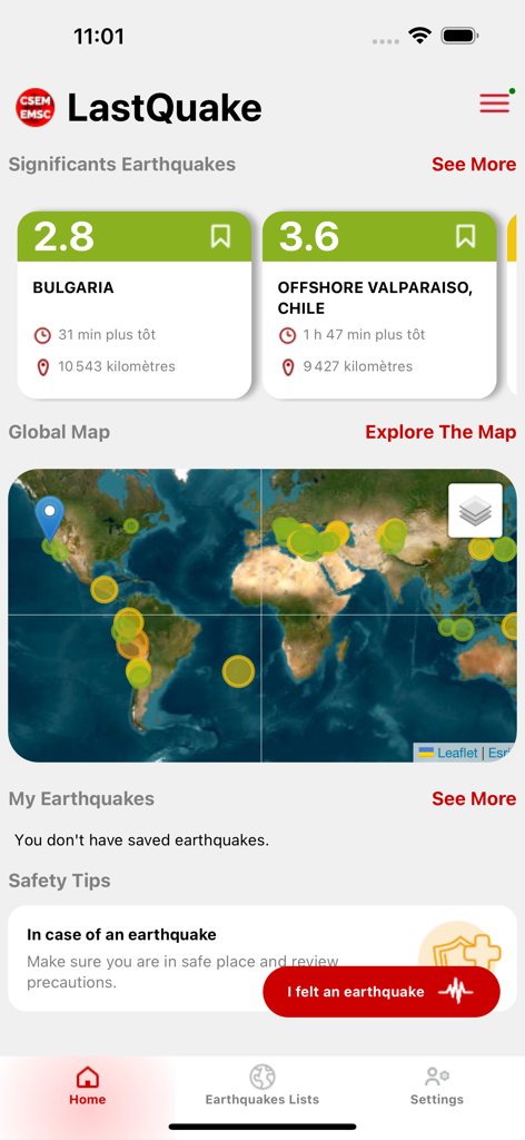 LastQuake - The LastQuake mobile app home screen showing a global seismic map significant earthquake alerts and an earthquake reporting button