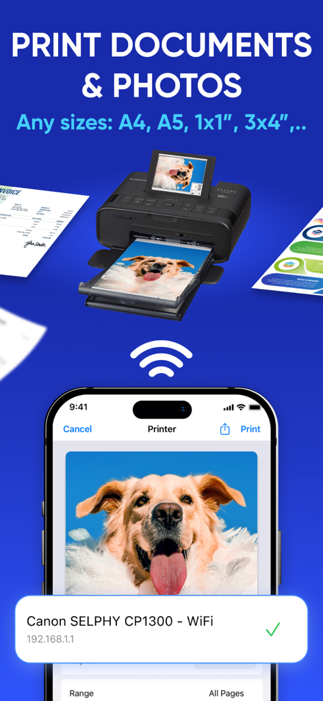 Smart Printer App - Air Print - iPhone interface of Smart Printer App showing wireless document and photo printing to a Canon printer