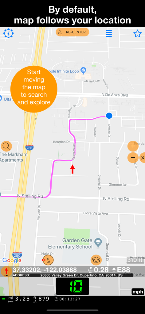 Interface showing the GPS tracking map with a route and speed data