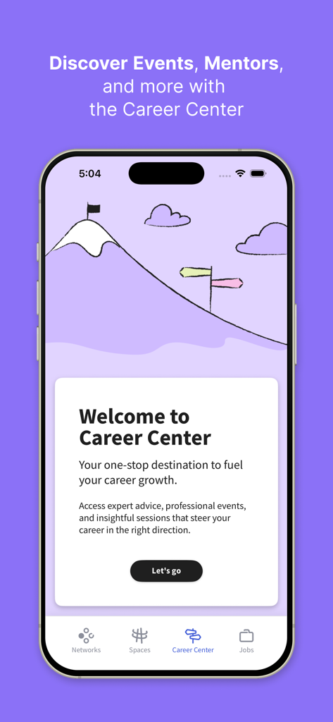 My Alumni Network - Career Center interface of My Alumni Network app featuring career growth tools, mentors, and events.