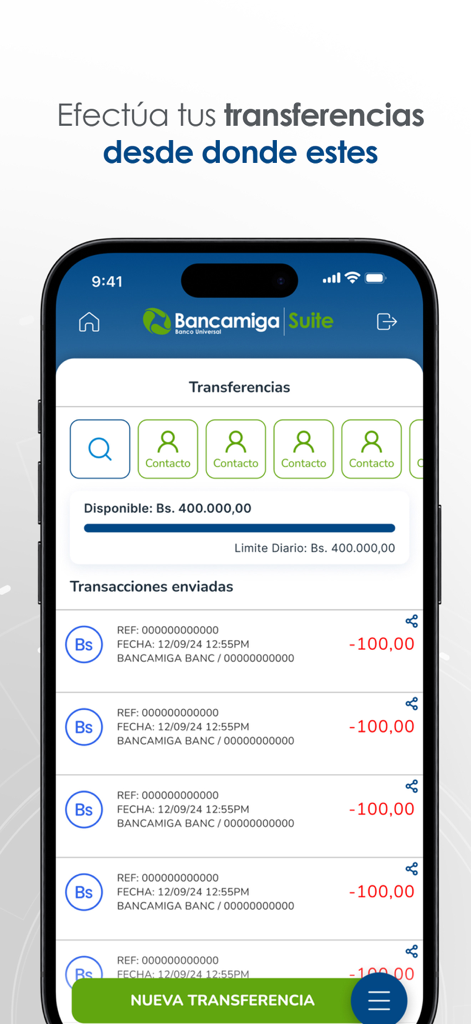 Bancamiga Suite - Bancamiga Suite mobile banking interface showing the transfers screen with transaction history and available balance in Bolivares.