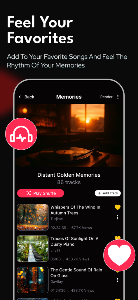Player EQ - Music, Videos - Interface of the Player EQ app showing a curated playlist of favorite songs with offline playback features