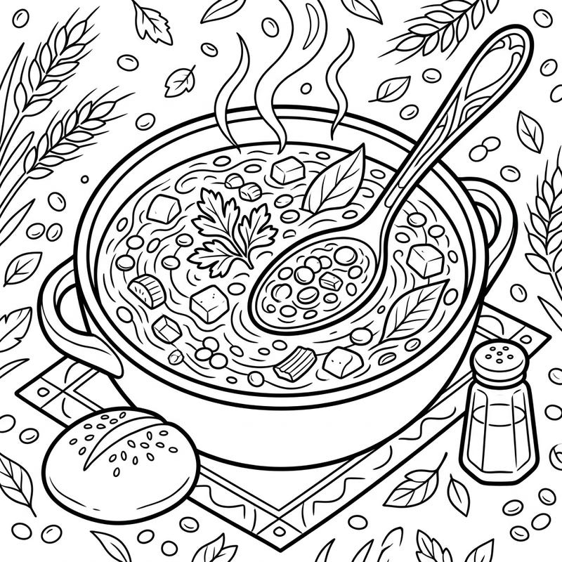 Settle in with this delightful lentil soup coloring page, specially designed for seniors. Its clear lines and comforting theme offer a wonderfully relaxing and engaging creative escape.