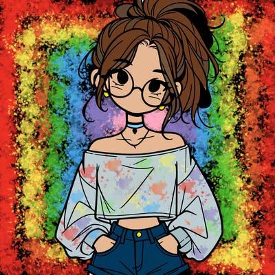 girl with a messy ponytail glasses a baggy crop top and jean shorts