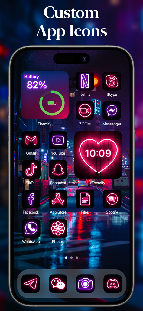 Smartphone home screen featuring custom neon pink and purple app icons and heart-shaped clock widget.