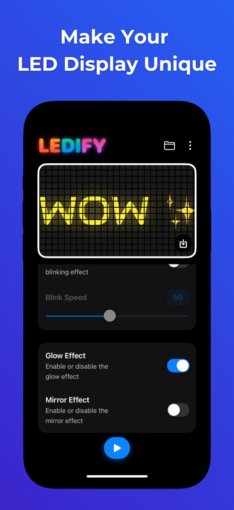 LED Scroller: Ledify - Interfaz de la aplicación LED Scroller Ledify que muestra una pantalla LED amarilla con la palabra WOW y opciones de personalización.