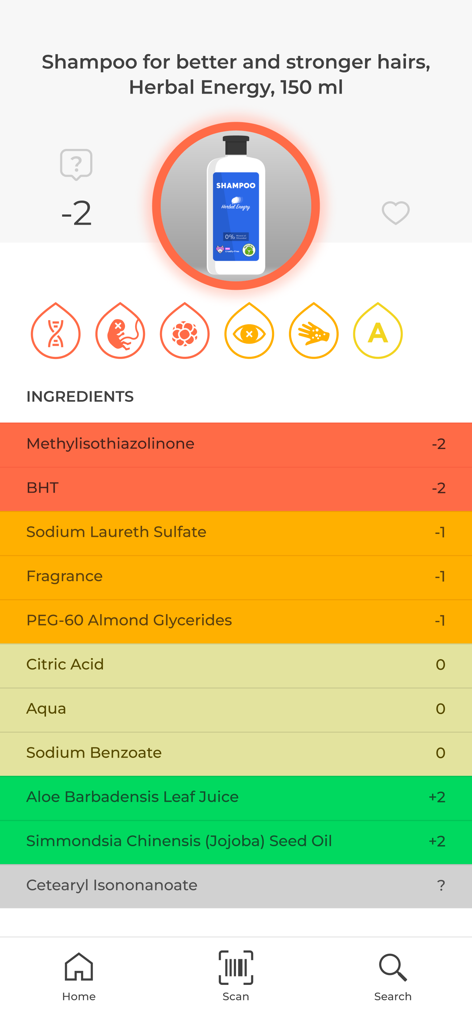GreenScan - GreenScan app interface showing a color coded ingredient safety list and numerical rating for a shampoo product