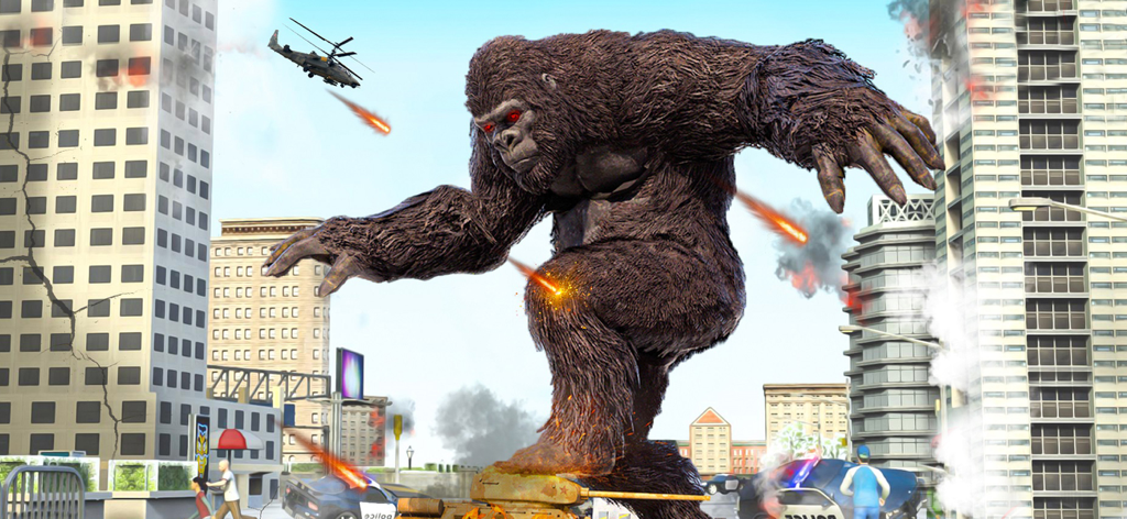 Monstruo gorila gigante desatando el caos en una ciudad atacada por helicópteros y policías