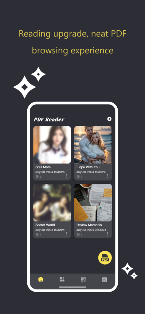 PDF Reader - Viewer&Scanner - Una pantalla de smartphone mostrando una app lectora de PDF con una cuadrícula organizada de miniaturas de documentos para una fácil navegación.