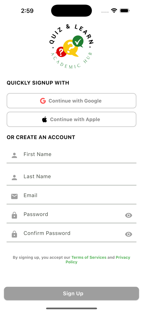 Quiz & Learn - Pantalla de registro para la aplicación educativa Quiz and Learn
