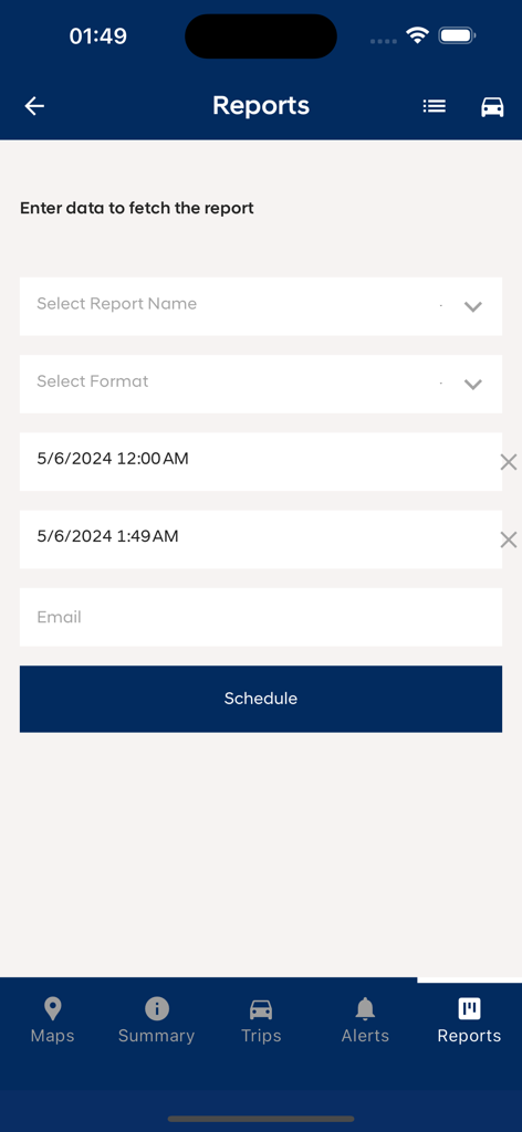 Bildschirm zur Planung von Flottenfahrzeugberichten in der PX App