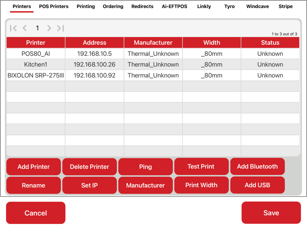 Ai-POSX - The printer configuration interface in the Ai-POSX app showing a list of connected devices and setup options.