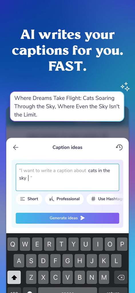 PosterMyWall: Design & Promote - Interface of the PosterMyWall app showing an AI caption writer tool for social media posts.