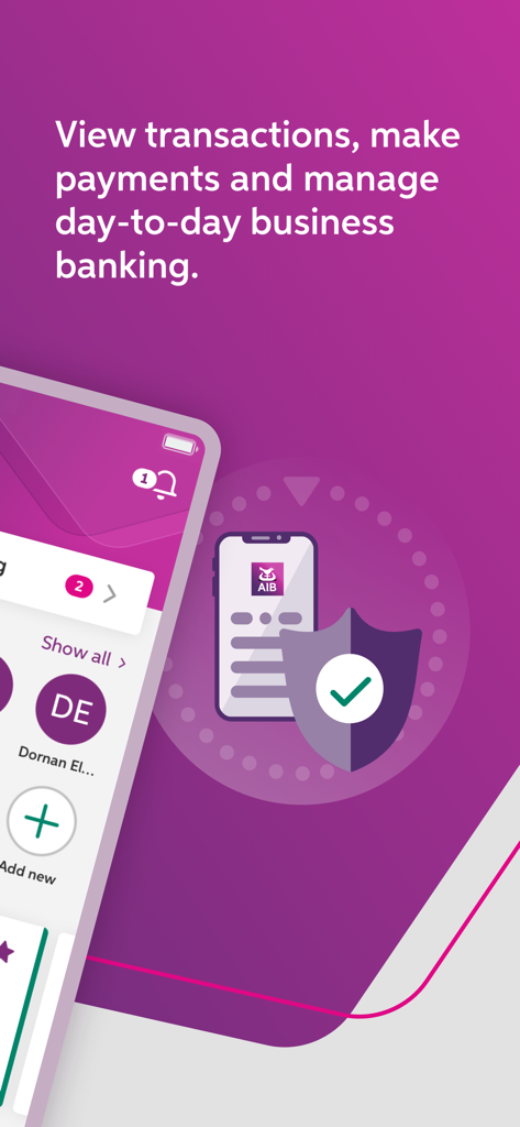 AIB Business iBB mobile app screen showing options for managing day to day business banking and secure payments