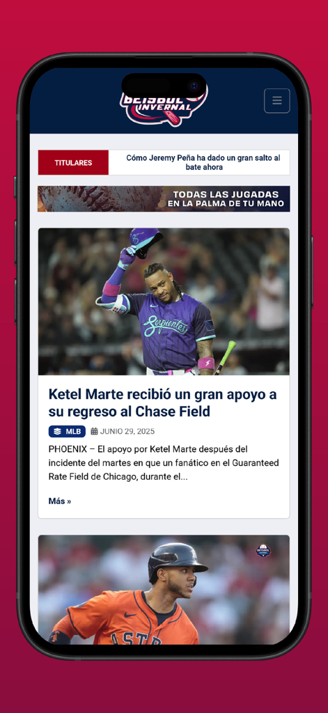 Beisbol Invernal - News section of the Beisbol Invernal app displaying headlines about Dominican baseball players