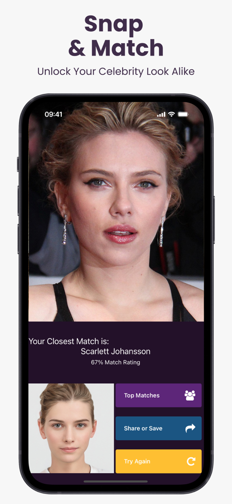 Celeb AI App-Oberfläche, die ein Celebrity-Look-Alike-Ergebnis mit Scarlett Johansson und einer Übereinstimmungsbewertung zeigt.