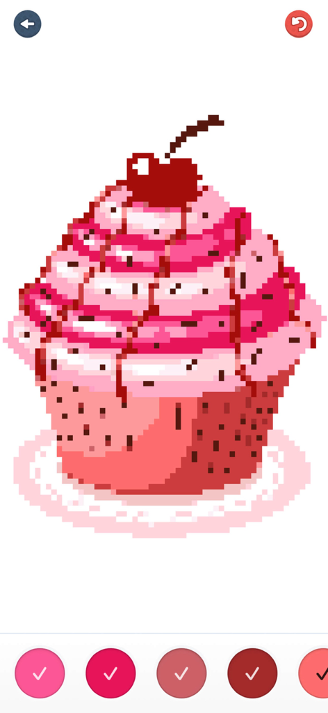 Pixel art of a pink cupcake with a cherry in a color by number app