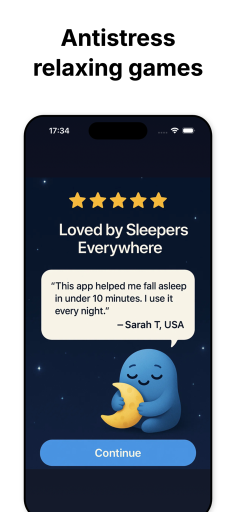 Screenshot of Sleep Games app showing a five star rating and a positive user testimonial from Sarah T