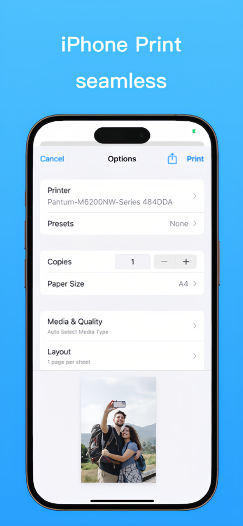 Smart Printer - Print & Scan - Smart Printer app print settings interface on an iPhone displaying photo preview and options.