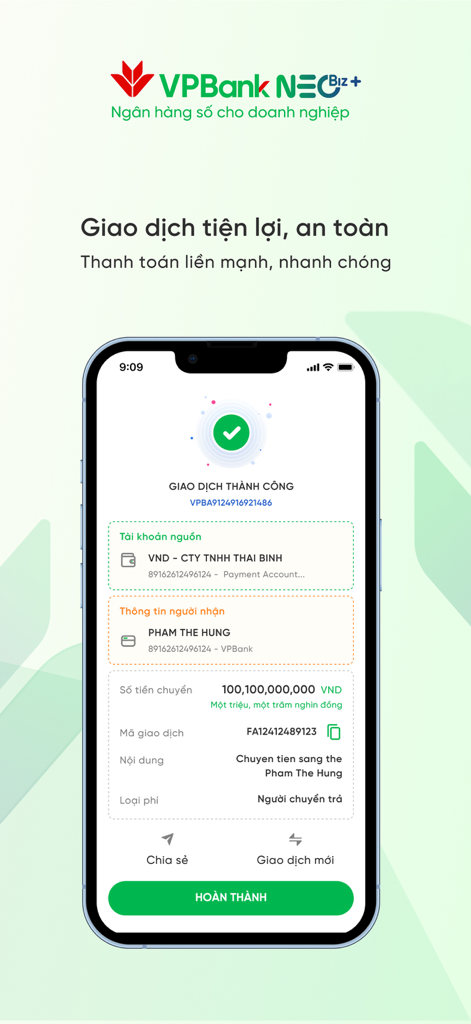 VPBank NEOBiz Plus - Successful transaction confirmation screen on the VPBank NEOBiz Plus mobile banking app for business users