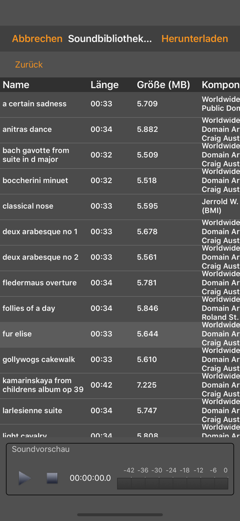 WavePad Musik & Audio Editor - Interfaz de la biblioteca de sonidos de la aplicación WavePad que muestra una lista de pistas de música y un reproductor de vista previa.