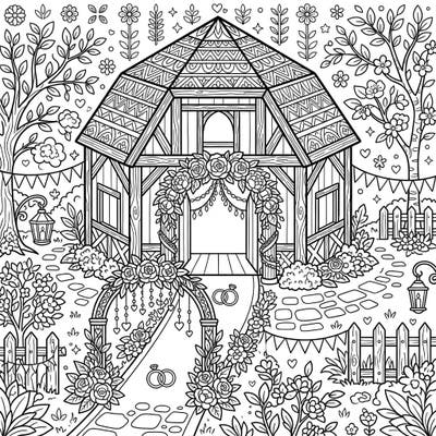 Step into a whimsical world of love and nature with this unique round barn wedding coloring page. Immerse yourself in the charm of a rustic celebration, perfect for adult and teen colorists seeking an enchanting escape.