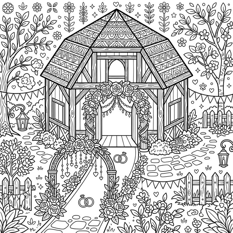 Step into a whimsical world of love and nature with this unique round barn wedding coloring page. Immerse yourself in the charm of a rustic celebration, perfect for adult and teen colorists seeking an enchanting escape.