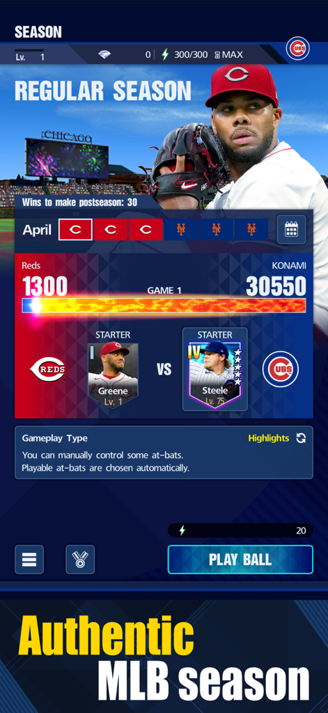 Interfaz del modo temporada regular en MLB PRO SPIRIT que muestra un enfrentamiento entre los Rojos y los Cachorros