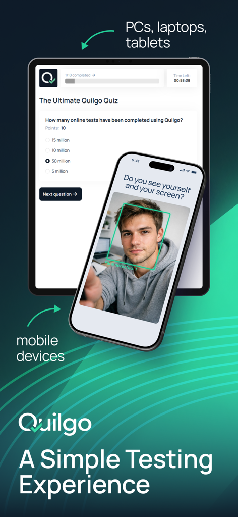 Quilgo - Quilgo app interface on iPad showing a quiz and iPhone showing face detection for proctoring