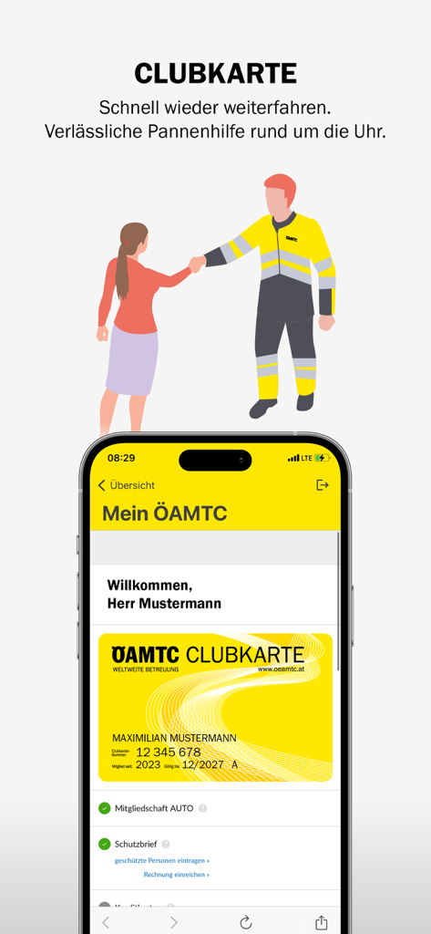 ÖAMTC - Digital ÖAMTC club card displayed on a mobile phone with an illustration of roadside assistance.