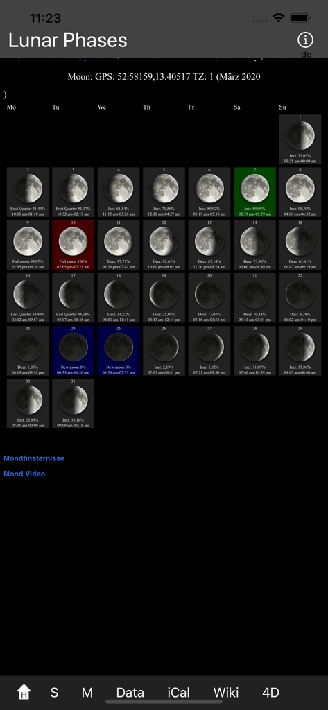 A monthly calendar interface in the Lunar Phases app displaying daily moon cycle images and phase percentages.