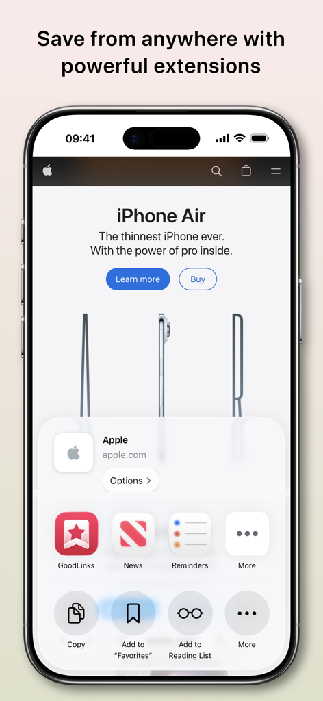 GoodLinks - GoodLinks share sheet extension on an iPhone saving a website link