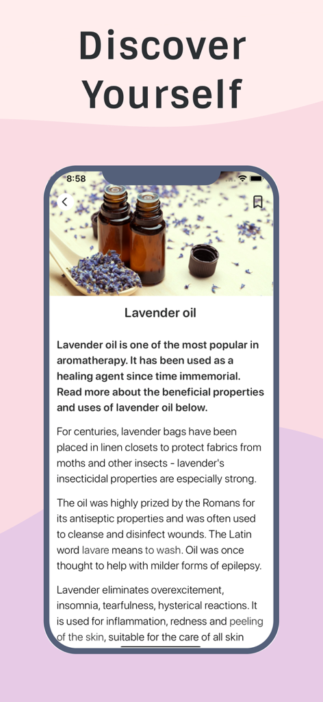Pregnancy test Checker/Scanner - Mobile app screen displaying an informational article about the benefits of lavender oil