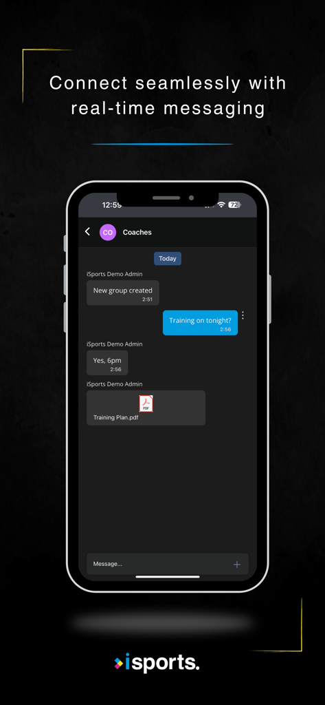 iSports Team - Smartphone showing a real-time messaging interface between coaches with an attached PDF training plan.
