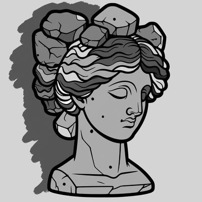 bust of a female statue with rock-shaped hair