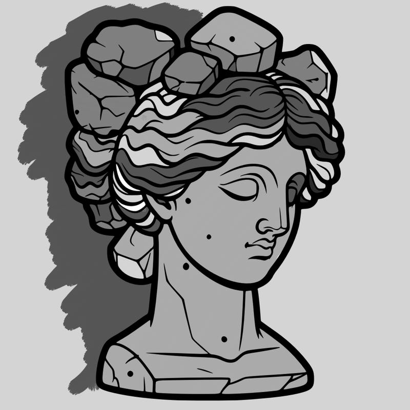 bust of a female statue with rock-shaped hair