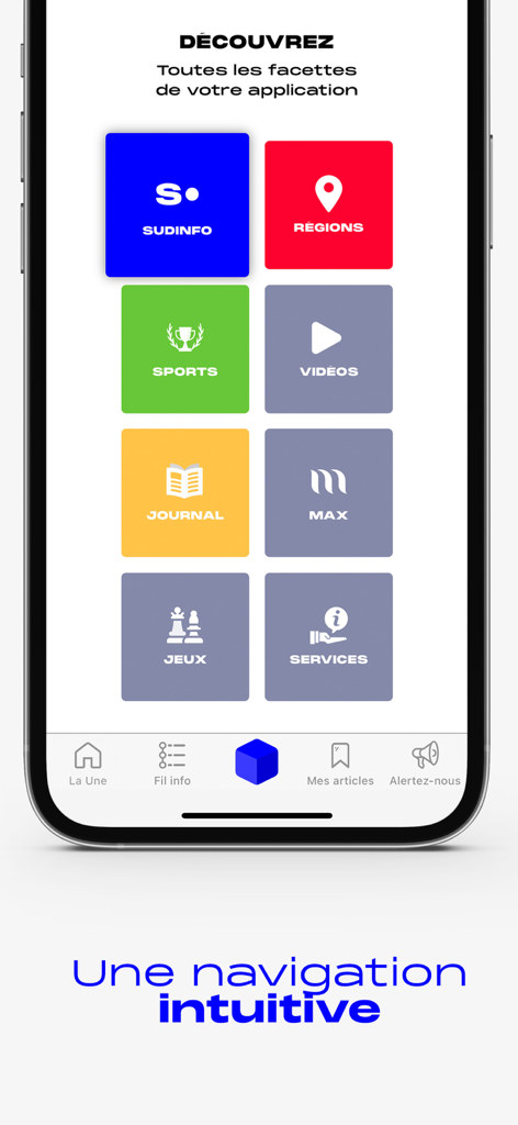 Oberfläche der Sudinfo-App mit einem farbenfrohen Rastermenü mit Nachrichtenkategorien wie Regionen, Sport und digitale Zeitung
