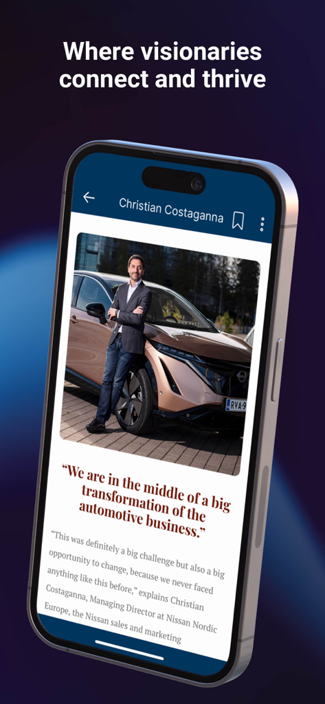 The CEO Magazineアプリのビジネスエグゼクティブインタビュー記事を示すスマートフォンの画面。