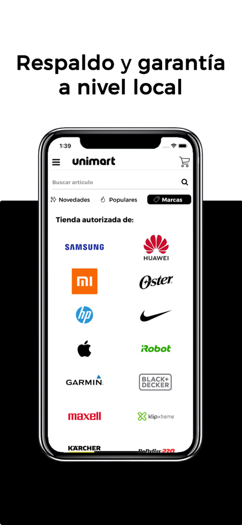 Unimart.com - Apple、Samsung、Nikeなどのブランドの正規ロゴを表示するUnimartアプリ画面