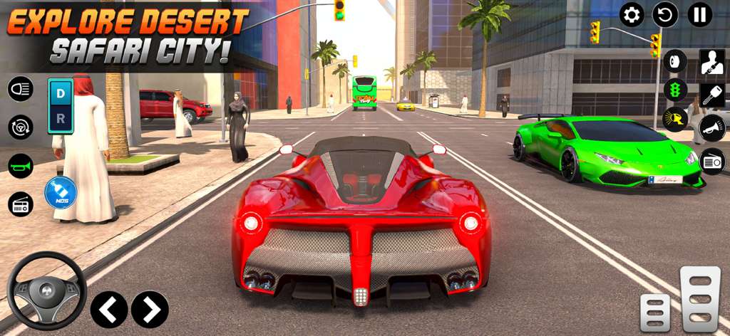 Extreme Car Racing: Stunt Game - Supercarro vermelho dirigindo por uma cidade de safári no deserto em um jogo de dublês de carros para celular.