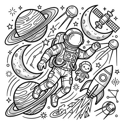 Get ready for an interstellar artistic journey with this dynamic Pop Art coloring page! Featuring astronauts, planets, and futuristic tech, it's a vibrant night sky adventure waiting for your colors.