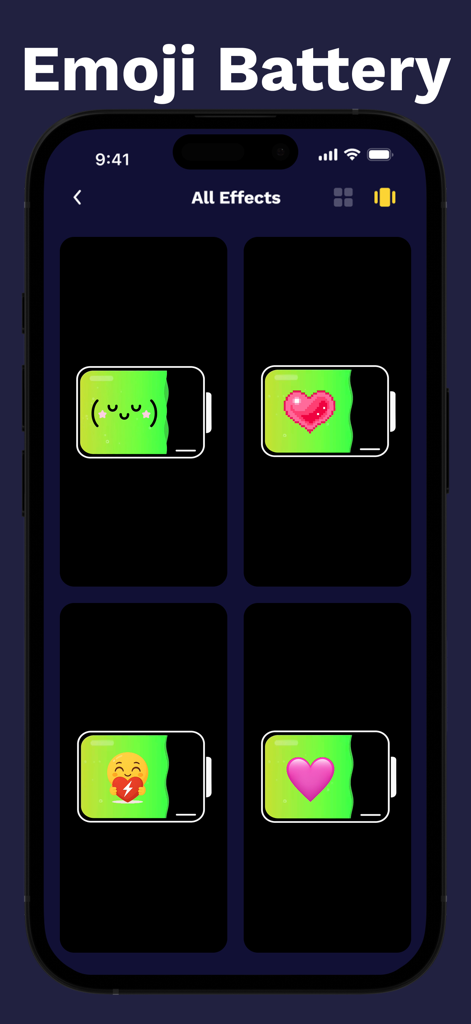 Charging Play & Emoji Battery - A selection of cute emoji and heart-themed battery charging animation styles for iPhone customization.